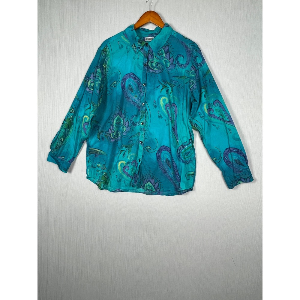 Chico's Button Up Women 3 XL Teal Paisley Floral Cotton Artsy Boho Shirt READ